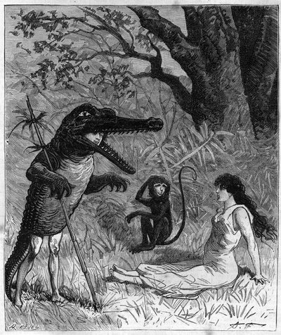 Un uomo in pelle di coccodrillo parla con una giovane donna svenuta sotto lo sguardo di una scimmia. Illustrazione di "Viaggio intorno al mondo del marinaio Biribi" di Theodore Labourieu e Saint Vrin. Incisione del 1880 in "La republique illustree" da French School