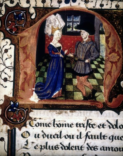 Un uomo offre un anello a una donna (lettera "n") da French School