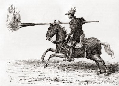 Un cavaliere medievale con una lancia infuocata, una delle prime armi a polvere da sparo nel mondo, da Les Merveilles de la Science, pubblicato c.1870 da French School