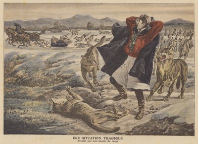 Un mercante attaccato da un branco di lupi in Transilvania (litografia a colori) da French School