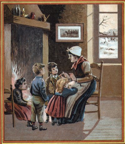 Una madre racconta storie ai suoi figli accanto al fuoco. Copertina del libro "Fiabe del focolare per i piccoli". Incisione anonima del XIX secolo da French School