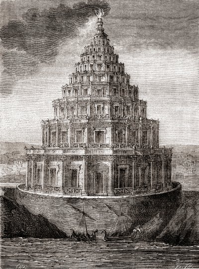 Una rappresentazione immaginaria del XIX secolo del Faro di Alessandria, noto anche come Faro di Alessandria, un faro costruito dal Regno tolemaico tra il 280 e il 247 a.C., da 