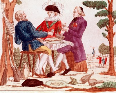 Un contadino (terzo stato), clero e aristocratico mangiano insieme un coniglio a un tavolo, sullo sfondo a destra una scena di caccia, a sinistra, tre fucili, agosto 1789 (incisione, fine XVIII secolo) da French School