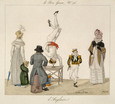 Un artista in equilibrio sulla testa su un bicchiere, tavola 96 da Le Bon Genre, c.1810 da French School