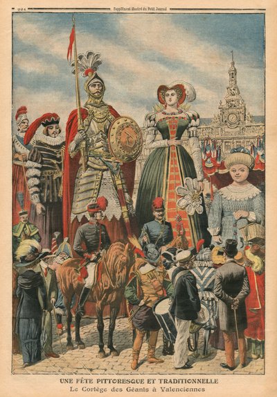 Una festa pittoresca e tradizionale, la processione dei Giganti a Valenciennes, illustrazione da 