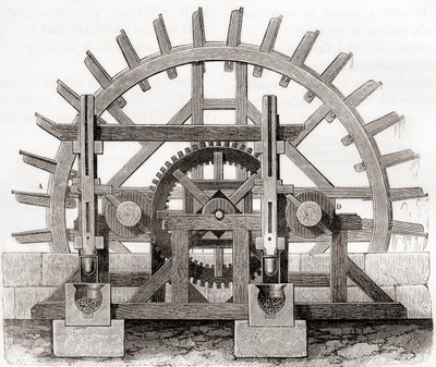 Un mulino a polvere e la sua ruota idraulica, da un disegno del XIX secolo, da Les Merveilles de la Science, pubblicato c.1870 (incisione) da French School