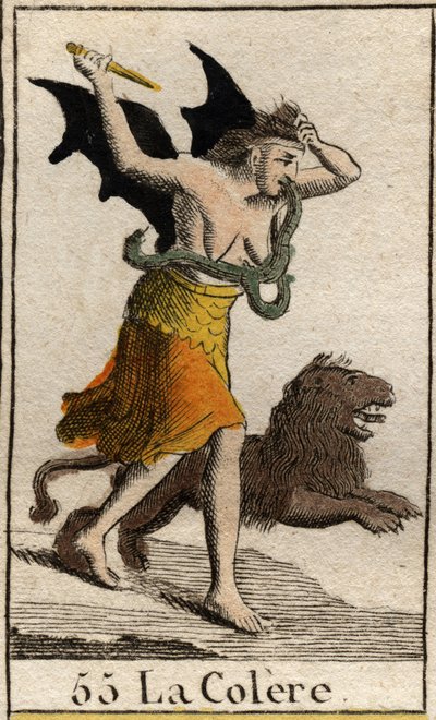 Rappresentazione della Rabbia vestita di stracci, tiene un pugnale e si strappa i capelli. Da "Mythology of Youth" di Pierre Blanchard 1803. da French School