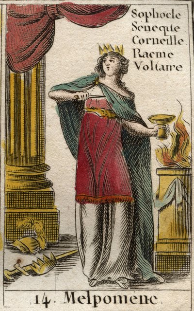 Rappresentazione di Melpomene, musa della Tragedia, indossa una corona, uno scettro e un pugnale, oltre a una coppa di veleno. Da 