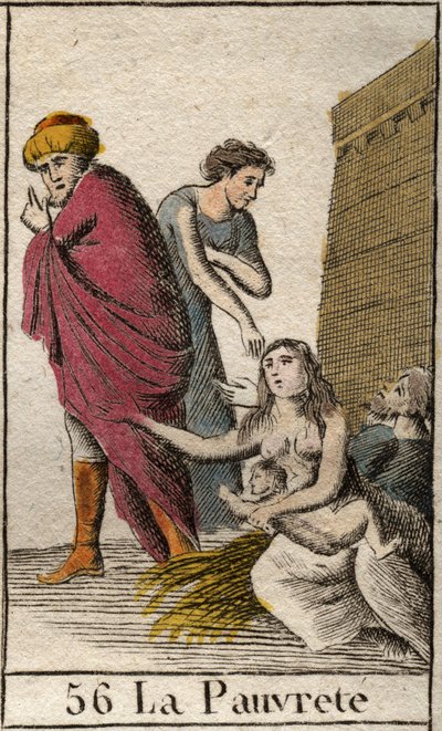 Rappresentazione della Povertà, scalza e vestita di stracci, seduta sulla paglia. Da "Mitologia della gioventù" di Pierre Blanchard 1803. da French School