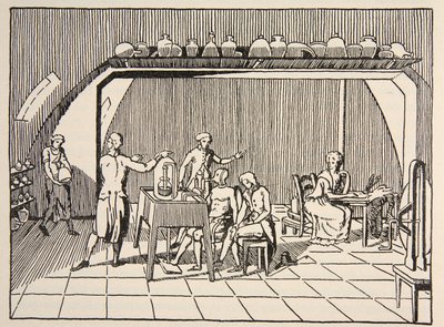 Un esperimento di respirazione nel laboratorio di Lavoisier, copia di Boris Mestchersky, illustrazione da Histoire de la Nation Francaise, Sciences, Volumi I & II, di Gabriel Hanotaux da French School