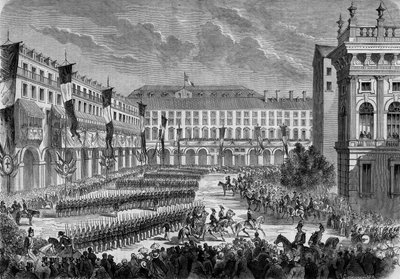 Una rassegna delle truppe passata dal re italiano Vittorio Emanuele II a Torino il 7 giugno da French School
