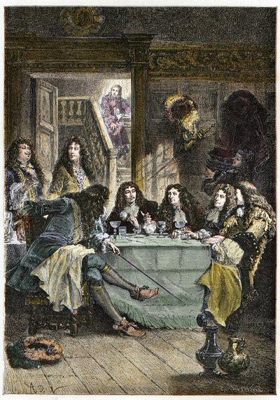 Un salone (Cabaret) che riunisce gli scrittori francesi Jean de La Fontaine (1621-1695), Nicolas Boileau-Despréaux (1636-1711), il drammaturgo Jean Baptiste Poquelin detto Molière (1622-1673) e il poeta Jean Racine (1639-1699) da French School