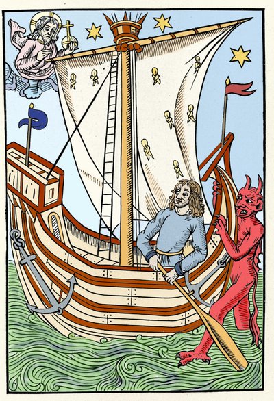 Una nave tra i pericoli del mare. Un demone afferrò la prua mentre Dio si manifestava a sinistra. Incisione da "Il Grande Calendario e Compost dei Pastori", Troyes 1491 da French School