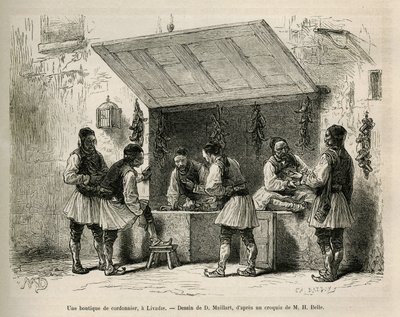 Negozio di calzolaio e la sua clientela a Livadie, disegno di D. Maillard, per illustrare la storia di Henri Belle: Voyage en Greece da French School