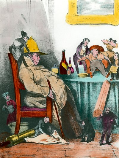 Un ipocondriaco seduto che pensa alla sua prossima morte. Illustrazione per il pezzo 