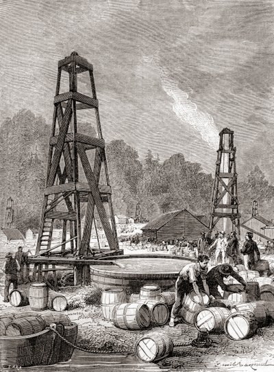 Una fonte di petrolio a Oil Creek sul fiume Allegheny, Pennsylvania, USA nel 1858, scoperta da Edwin Laurentine Drake, alias Colonnello Drake, da 
