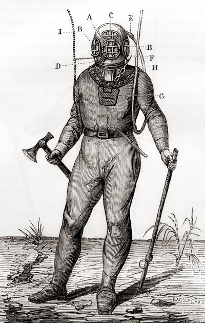Una tuta da immersione standard brevettata da Joseph-Martin Cabirol nel 1855, da 