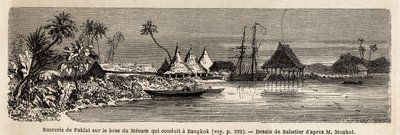 Una fabbrica di zucchero di Paklat, disegno di Sabatier, per illustrare il viaggio di Henri Mouhot nei regni di Siam, Cambogia e Laos dal 1858 al 1861. Incisione in "Le tour du monde" da French School