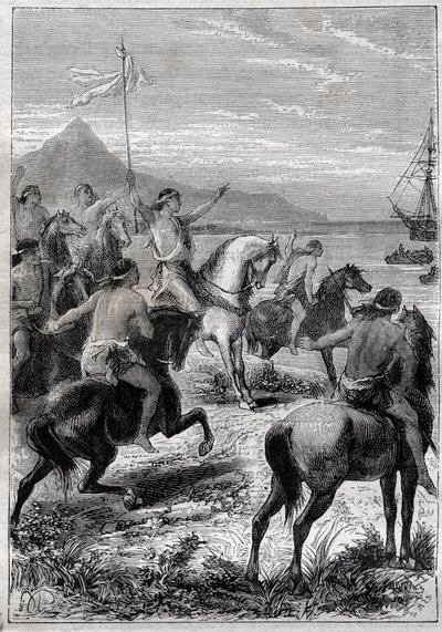 Una truppa di uomini a cavallo con una bandiera bianca: il vice ammiraglio John Byron (1723-1786) ricevuto dai nativi di Capo delle Vergini, alla bocca orientale dello stretto di Magellano nel 1764 - illustrazione da 