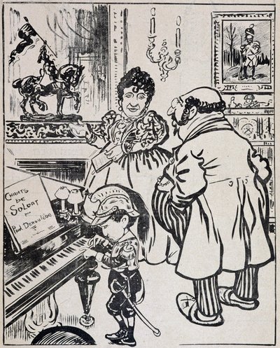 Un bronzo usato, caricatura con navi da guerra, spartito per Deroulede al pianoforte e statuetta di Giovanna d