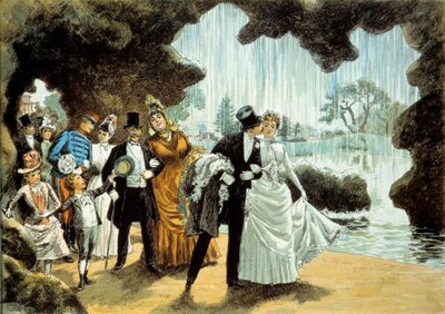 Un matrimonio ha una cascata. Coppia di sposi al Parc des Buttes Chaumont (?) da French School