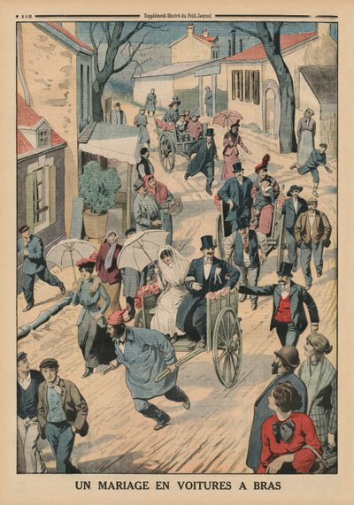 Un matrimonio su carretti a mano, illustrazione di copertina di Le Petit Journal, supplemento illustrato, 5 aprile 1914 da French School