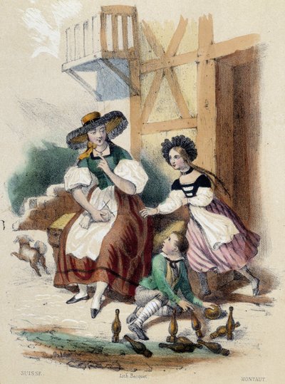 Una donna e due bambini che giocano a bowling; illustrazione per la Svizzera - in "Le dodici Nazioni" di M.E Fouinet da French School