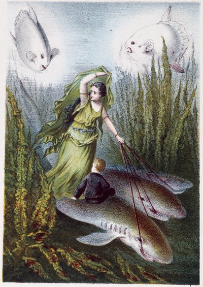 Una donna e un ragazzo che fuggono da pesci giganti su squali - in "Viaggio al centro del mare" di H. de la Blanchère. Parigi, ed. Jouvet et Cie, sd. 1880 da French School