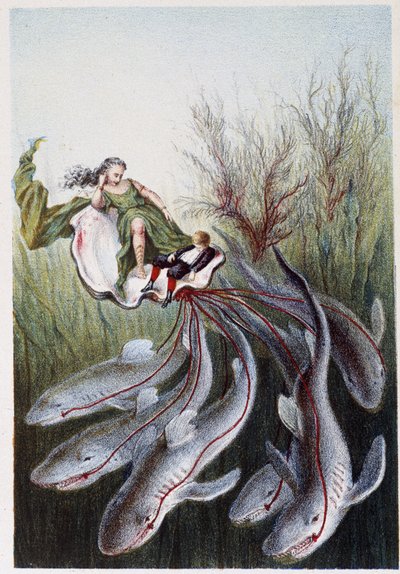 Una donna e un ragazzo su un carro trainato da squali - in "Viaggio al fondo del mare" di H. de la Blanchère. Parigi, ed. Jouvet et Cie, sd. 1880. da French School