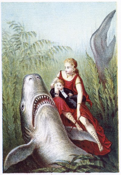 Una donna e un ragazzo che cavalcano uno squalo - in “Viaggio al fondo del mare” di H. de la Blanchère da French School