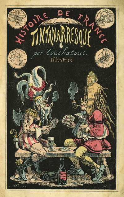 Una donna con una parrucca di piume e un uomo caricatura in Galli durante una partita a carte. Copertina di “Histoire de France Tintamarresque”, caricature di Touchatout, Parigi da French School