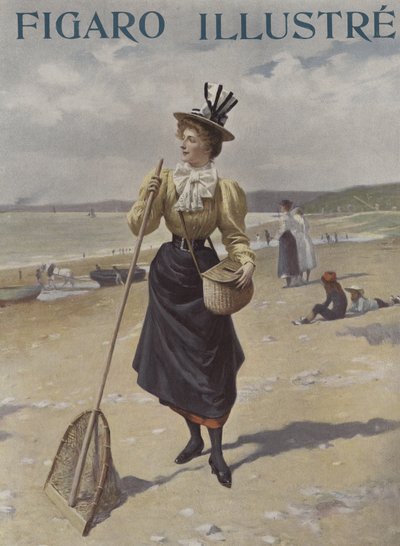 Una donna cammina lungo una spiaggia portando attrezzatura da pesca da French School