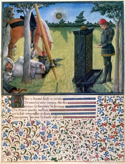 Un giovane cavaliere davanti a una lapide mentre il suo servo dorme vicino ai loro cavalli, dal Livre du Coeur d