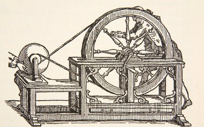 Macchina elettrica di Abbe Nollet, 1746, copia di Boris Mestchersky, illustrazione da Histoire de la Nation Francaise, Sciences, Volumi I & II, di Gabriel Hanotaux, 1924 da French School