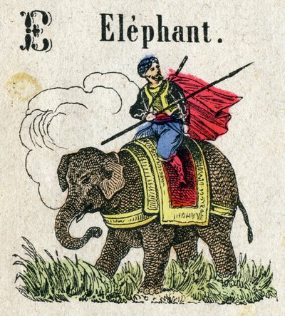 Abecedario. Lettera E come Elefante. Piccolo alfabeto enciclopedico, serie popolare. Immagini di Epinal, fine XIX secolo da French School