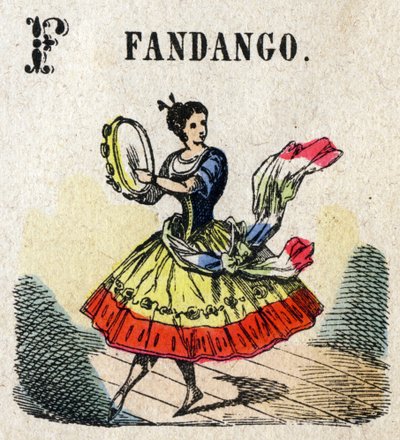 Abecedario. Lettera F come Fandango. Piccolo alfabeto enciclopedico, serie popolare. Immagini di Epinal, fine XIX secolo da French School