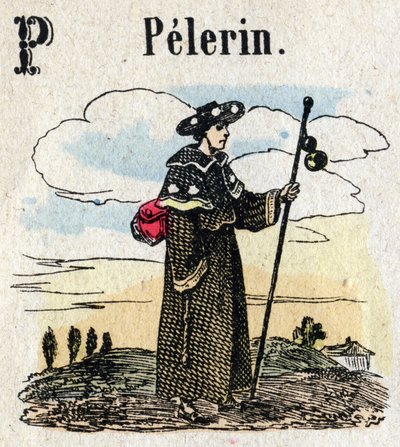 Abecedario. Lettera P come Pellegrino. Piccolo alfabeto enciclopedico, serie popolare. Immagini di Epinal, fine XIX secolo da French School