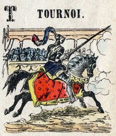 Abecedario. Lettera T come Torneo. Piccolo alfabeto enciclopedico, serie popolare. Immagini di Epinal, fine XIX secolo da French School
