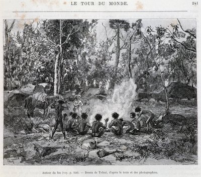 Aborigeni sotto la supervisione di un colono, intorno al fuoco - in 