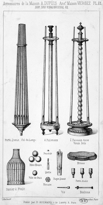 Accessori della casa A. Dupuis tra cui lampade, utensili e giochi, presentati in forma di catalogo. da French School