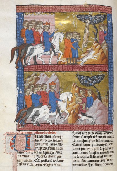 Add. 15268, f.75v Edipo, trovato da Polibo, Re di Corinto, illustrazione da 