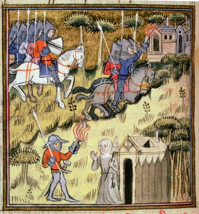 Cavalleria che incendia edifici con torce fiammeggianti; una suora protegge la sua abbazia da un soldato, c.1380 da French School
