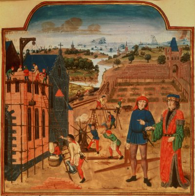 Costruzione di una casa da giardino con giardini formali e paesaggio sullo sfondo, da 