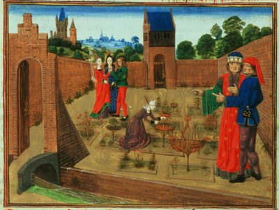 Giardino murato con una donna che fa giardinaggio e altre che chiacchierano, da Livre des Prouffits Champetres et Ruraulx di Pietro de Crescenzi da French School
