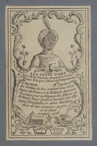 Pubblicità per A la Teste Noire cartoleria, Parigi, 1756 da French School