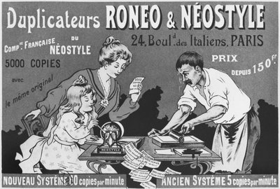 Pubblicità per duplicatori Roneo e Neostyle, c.1903-04 da French School