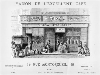 Pubblicità per un venditore di caffè in Rue Montorgueil, Parigi, c.1870 da French School
