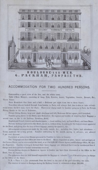 Pubblicità per il Louvre Railway Terminus Hotel, Boulogne-sur-Mer, Francia da French School