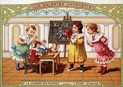 Cartolina pubblicitaria per Galeries Lafayette: bambine che giocano a fare l