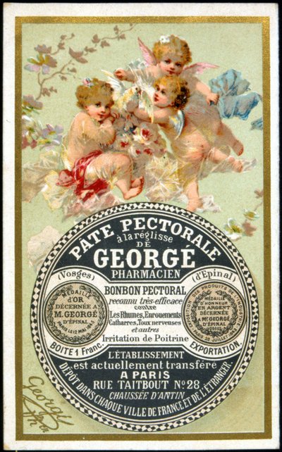 Cartolina pubblicitaria per la Pasta Pectoral con Liquirizia di Georgé Pharmacien. sd. XIX secolo da French School